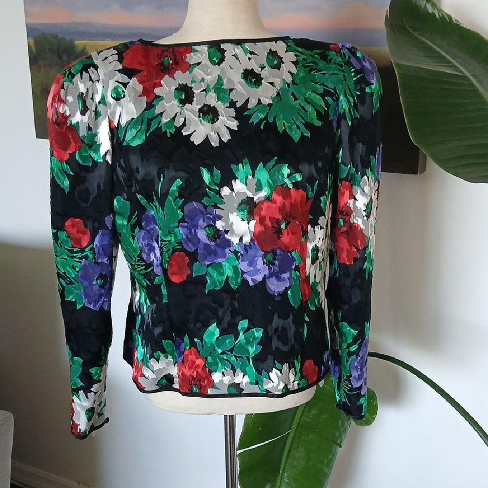 Bold Vintage Anne Crimmins Silk Floral Fitted Puff Sleeve Blouse